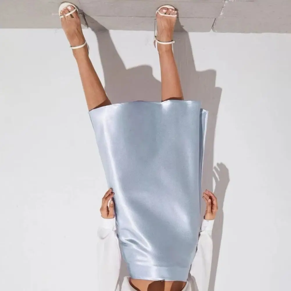 

2025 Women Satin Midi Skirt High Waist Satin-Like Shiny Skirt Solid Color Mid-calf Length Skirt Soft Breathable Fabric Work Skir