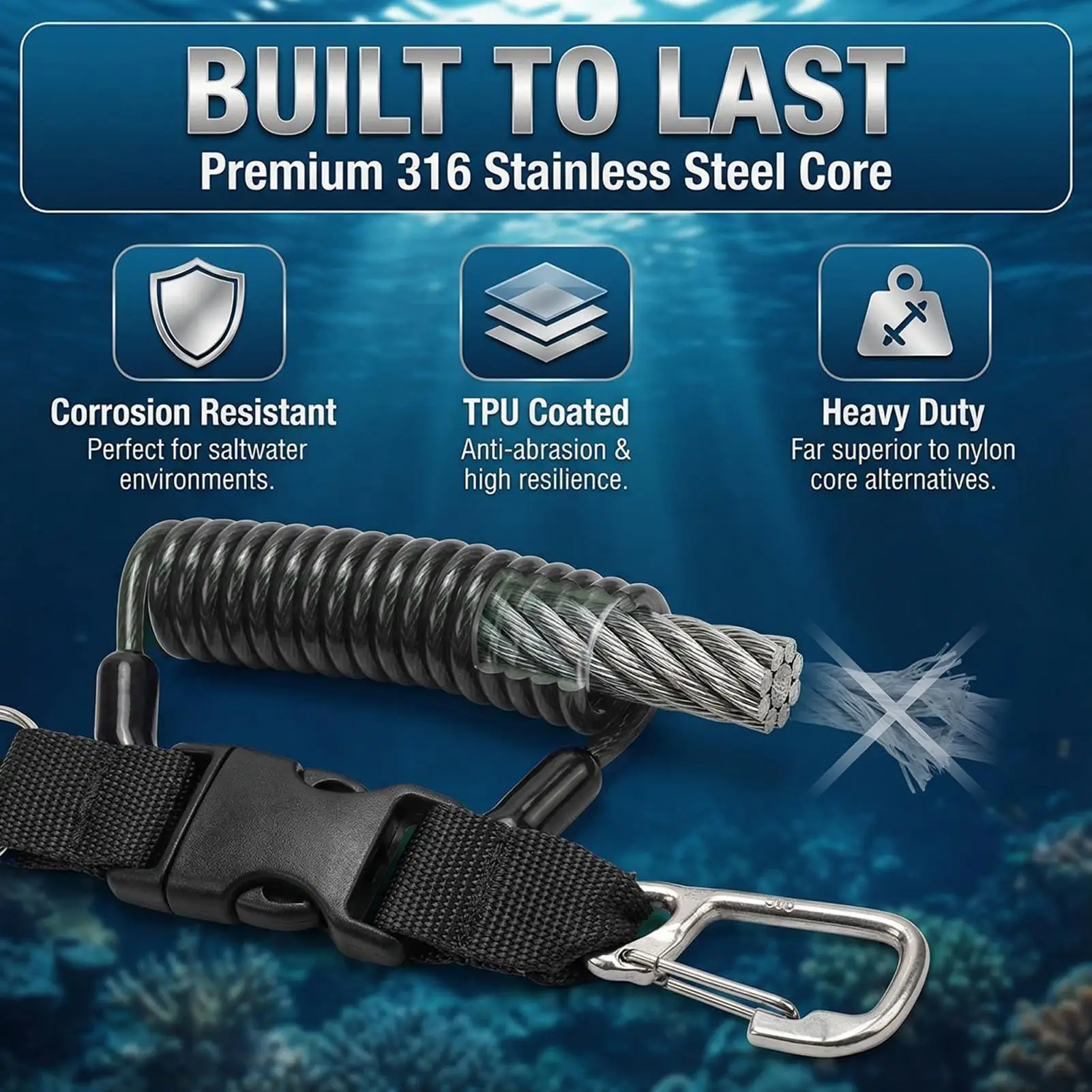 Quick-Release Diving Lanyard, Stainless Steel Buckle & Spring Coiled Design, Secure Tether for Underwater Camera Gear & Tools