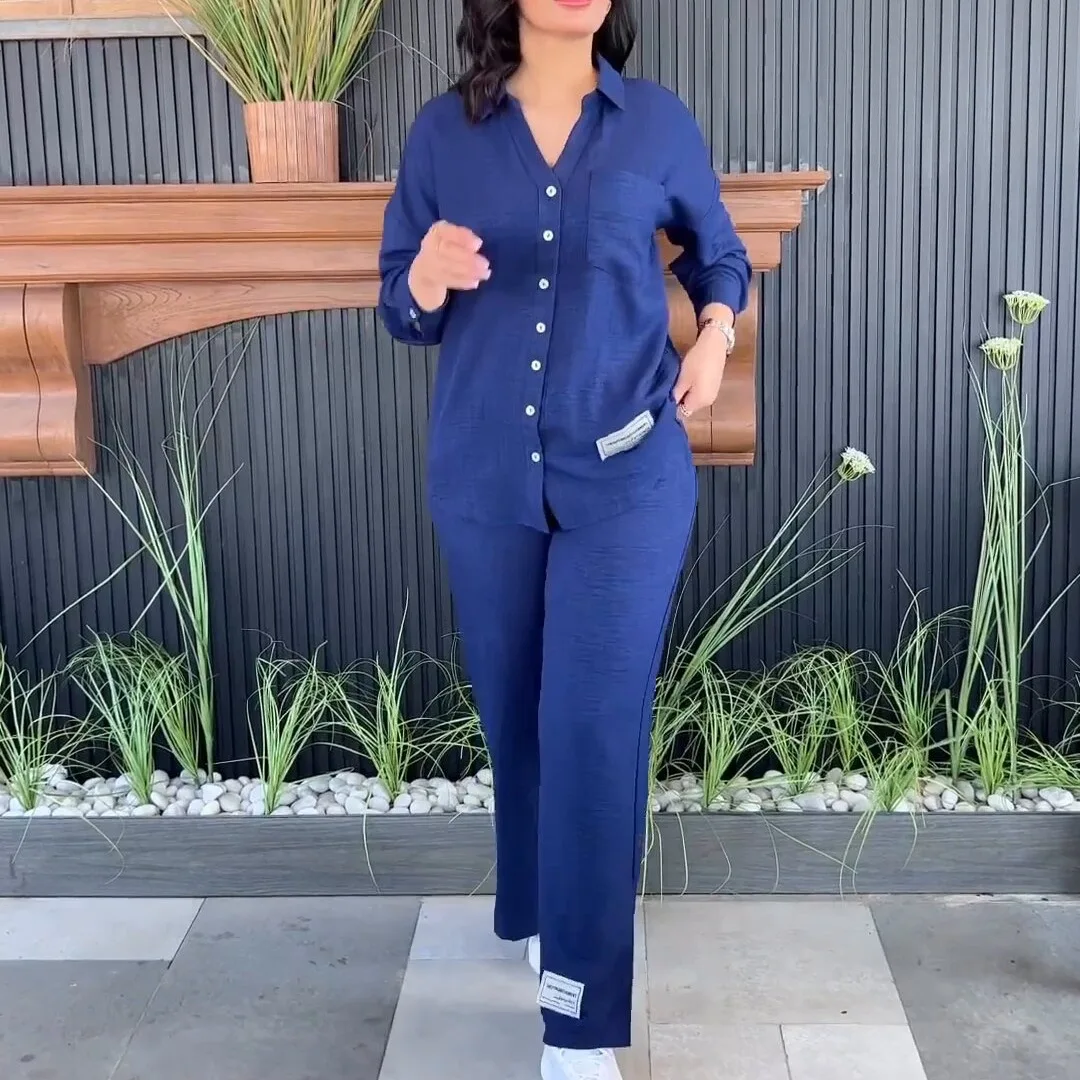 

Large size loose wrinkled cloth long-sleeved shirt high waist split wide-leg pants women's suit fashionable and simple temperame