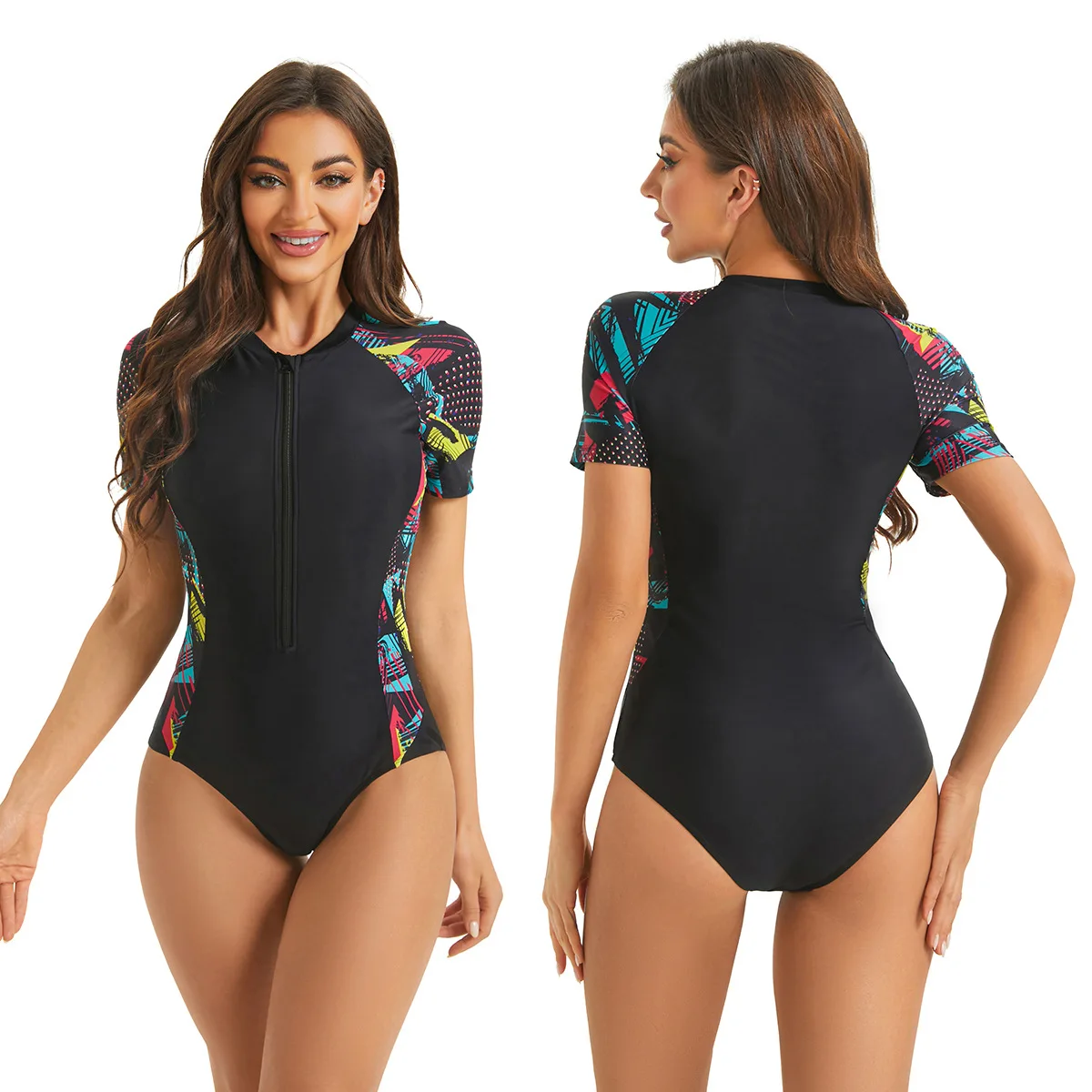 Sport Swimwear Female Summer One Piece Swimsuit Women Print Monokini Short Sleeve Bathing Suit Bodysuit Pool 2024 Beach Wear