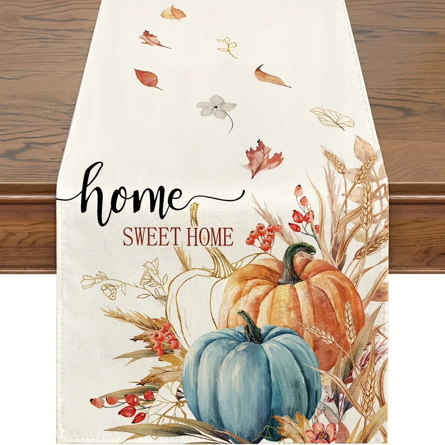 1 camino de mesa de estilo pastoral otoñal, fondo blanco con calabazas pintadas, orejas de trigo y texto "Home Sweet Home", adecuado para banquetes familiares de temporada de cosecha, muebles suaves pastorales B&B, bodas de otoño, cafés de países, decorac