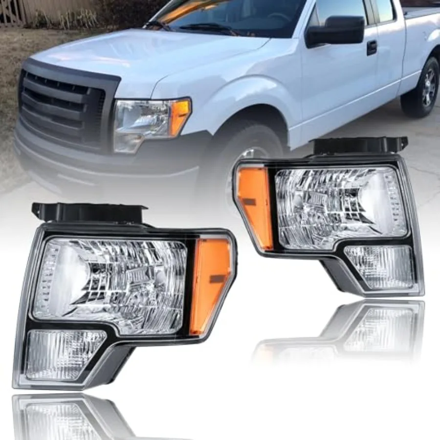 مجموعة المصابيح الأمامية مجموعة المصابيح الأمامية المتوافقة مع 20092014 F150 استبدال المصابيح الأمامية الكروم الإسكان العنبر عاكس لتعزيز