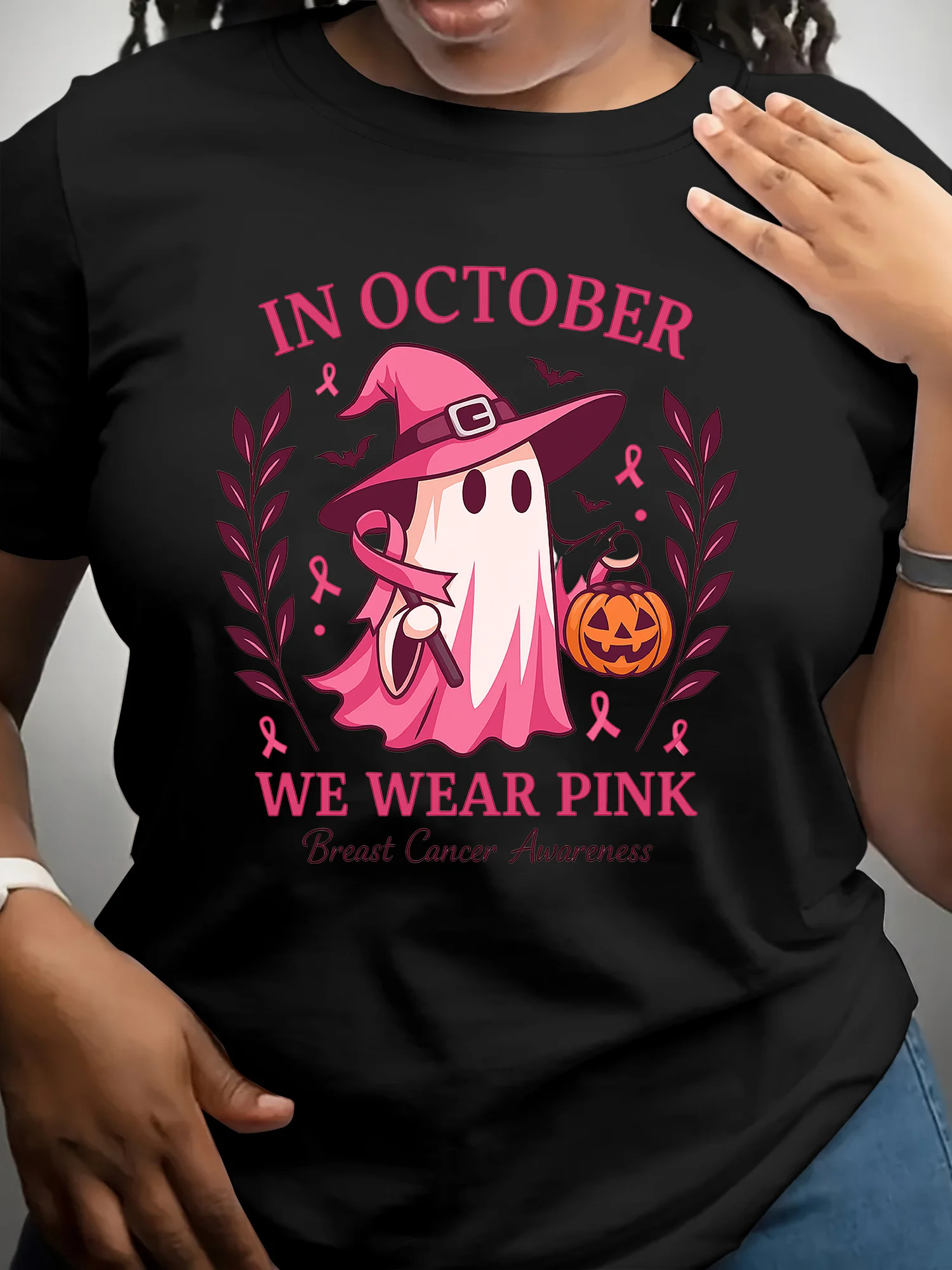 

Women's Halloween T-Shirt - Breast Cancer Awareness Pink design, Casual Elegant Party Top for Halloween Costume Casual Attire