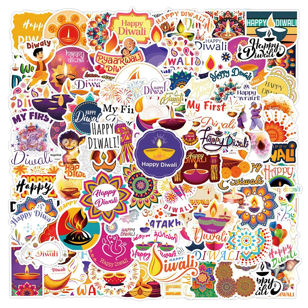 10/30/50/110pcs Indian Festivals Happy Diwali Stickers Cartoon Graffiti Decals DIY Suitcase Phone Helmet Aesthetic Sticker Decor