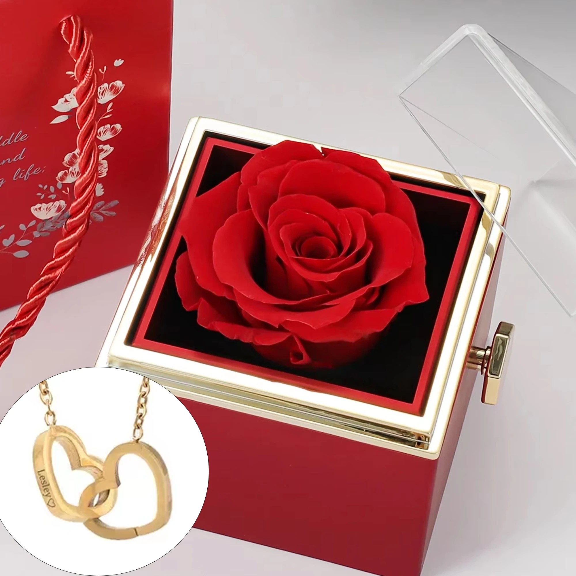 Eternal Rose Box -Heart Necklace & Soap Flower Gift Box Customize Heart Name Necklace Valentine's Day Gift for Women For Mom