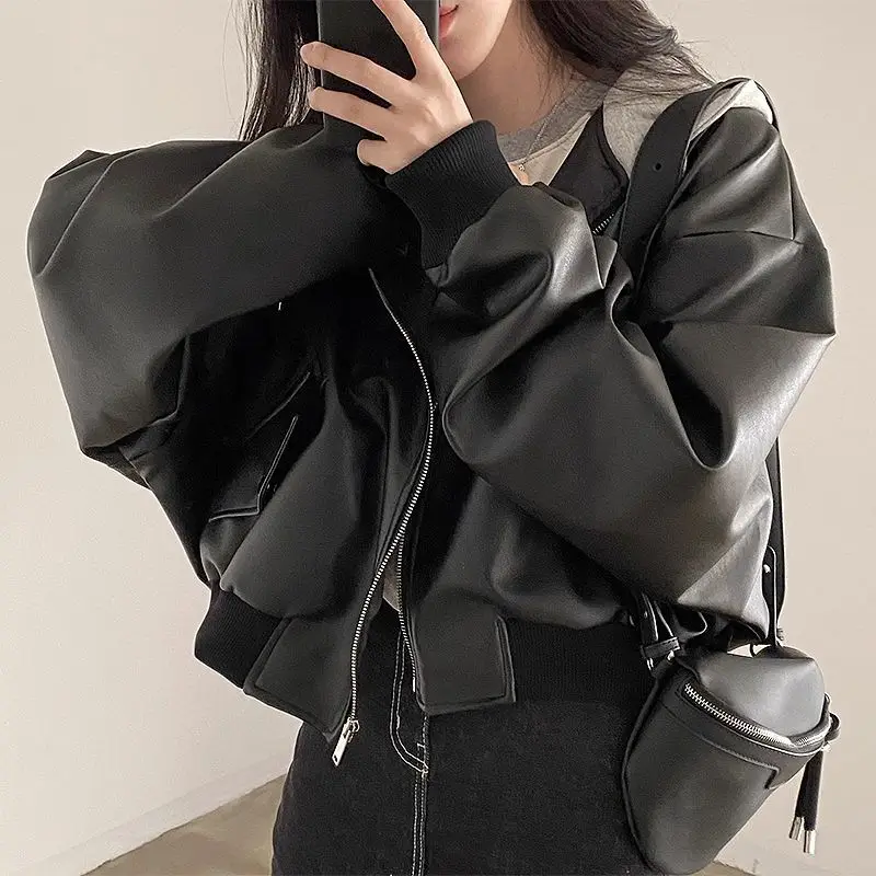Black Leather Jacket Women Hooded Patchwork PU Leather Coat Y2K Streetwear Biker Jacket Cropped Top Zipper Long-Sleeve Outerwear