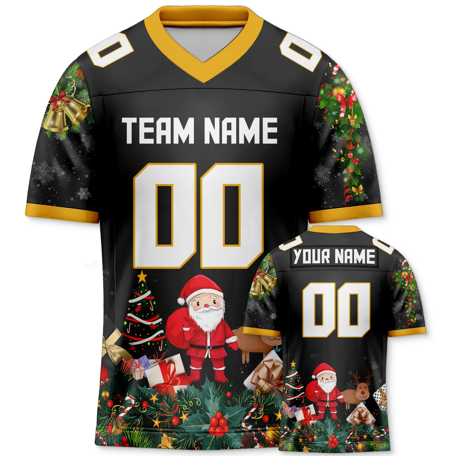 Black Football Christmas Shirt American Football Jersey Custom Name Number Santa Claus Team Fan Shirt Festive Gift for Family