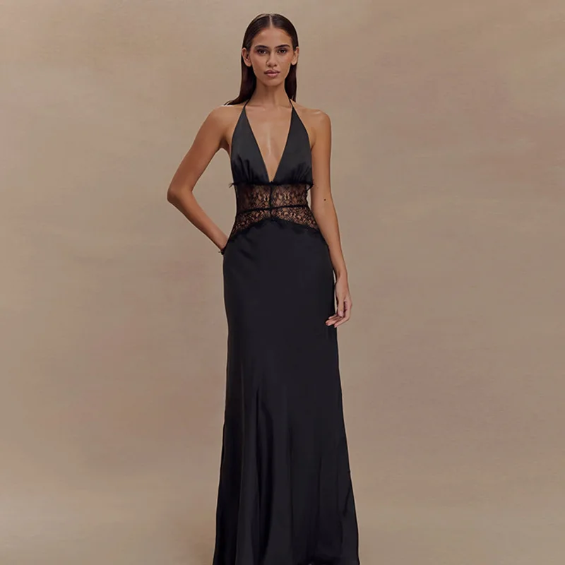

Women's New Sexy Party Evening Elegant V-neck Spaghetti Strap Sleeveless Lace Splicing See-through Solid Color Maxi Dress