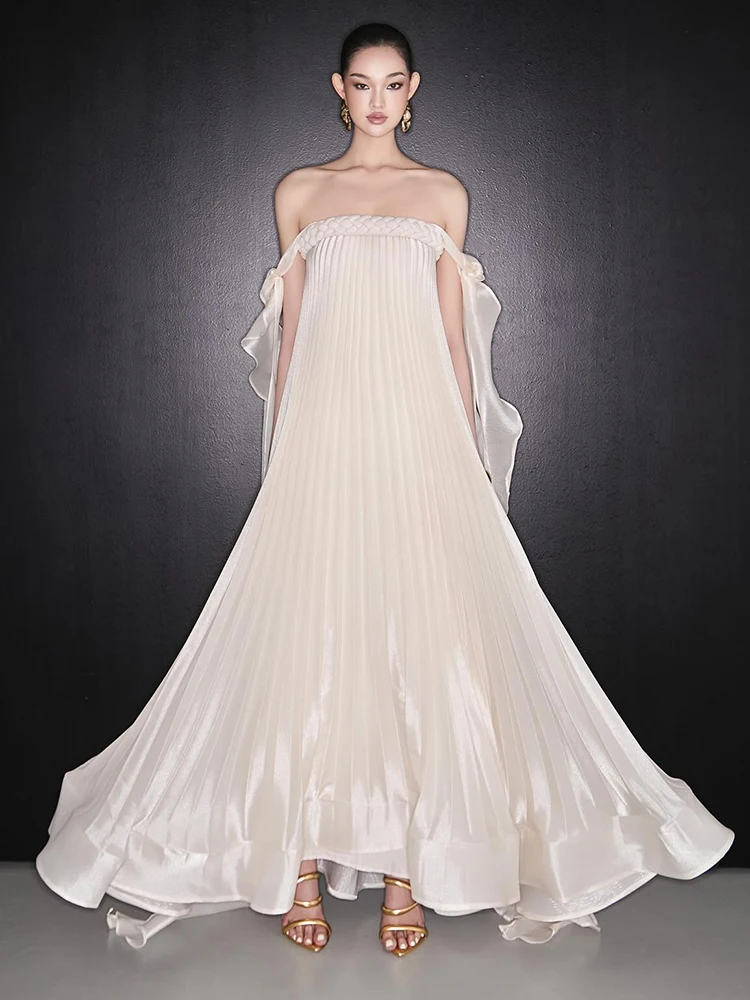 

Elegant White Pleated Strapless Long Dress With Dramatic Cape Sleeves Women's Flowy Bridal Evening Gown Twisted Knot Gown