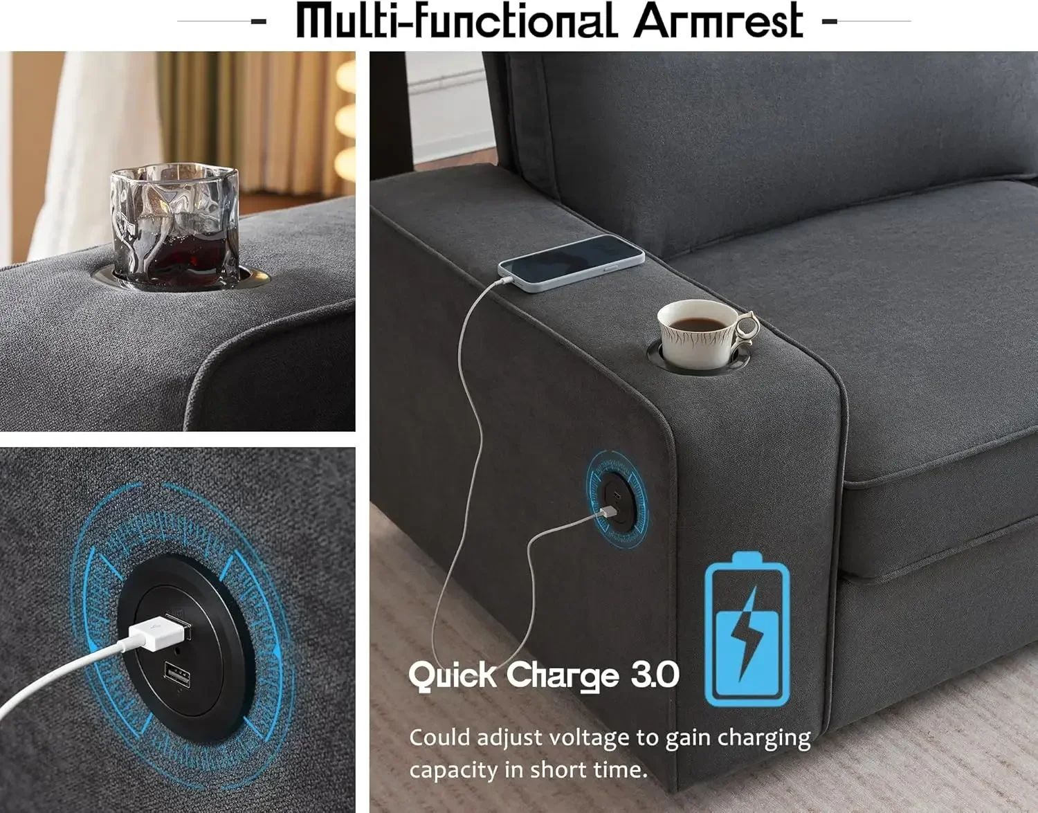 Sofá moderno de 89 polegadas com portas de carregamento USB e porta-copos, sofá de assento profundo - sofá confortável para sala de estar
