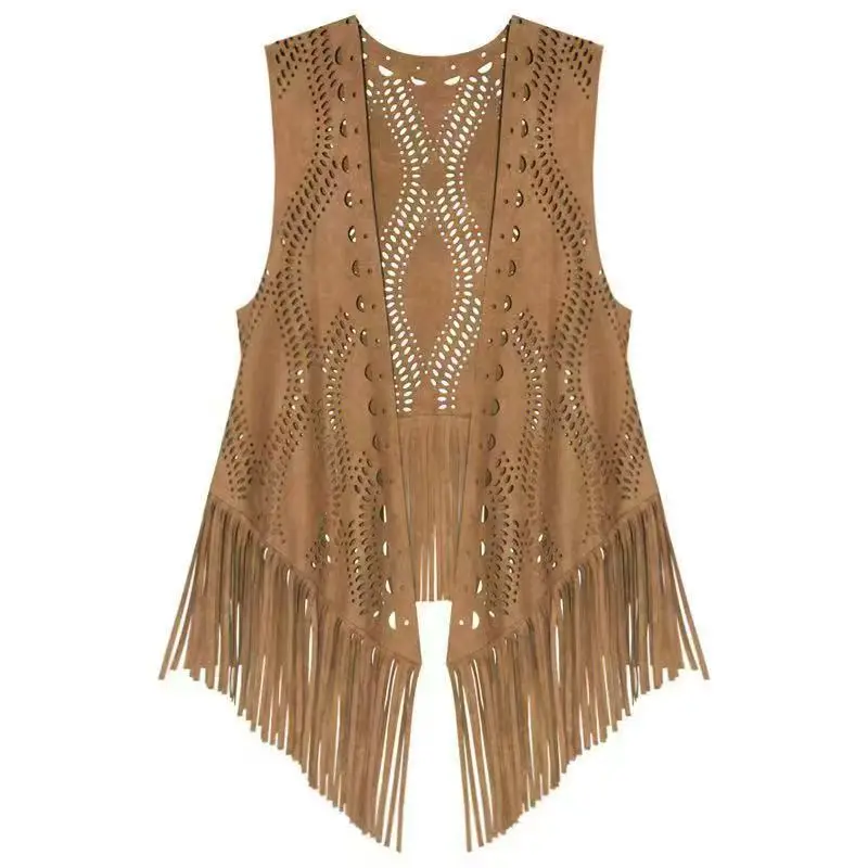 Women's Vintage Faux Suede Fringe Vest Rivet Decor Bohemian Western Cowgirl Jacket Waistcoat
