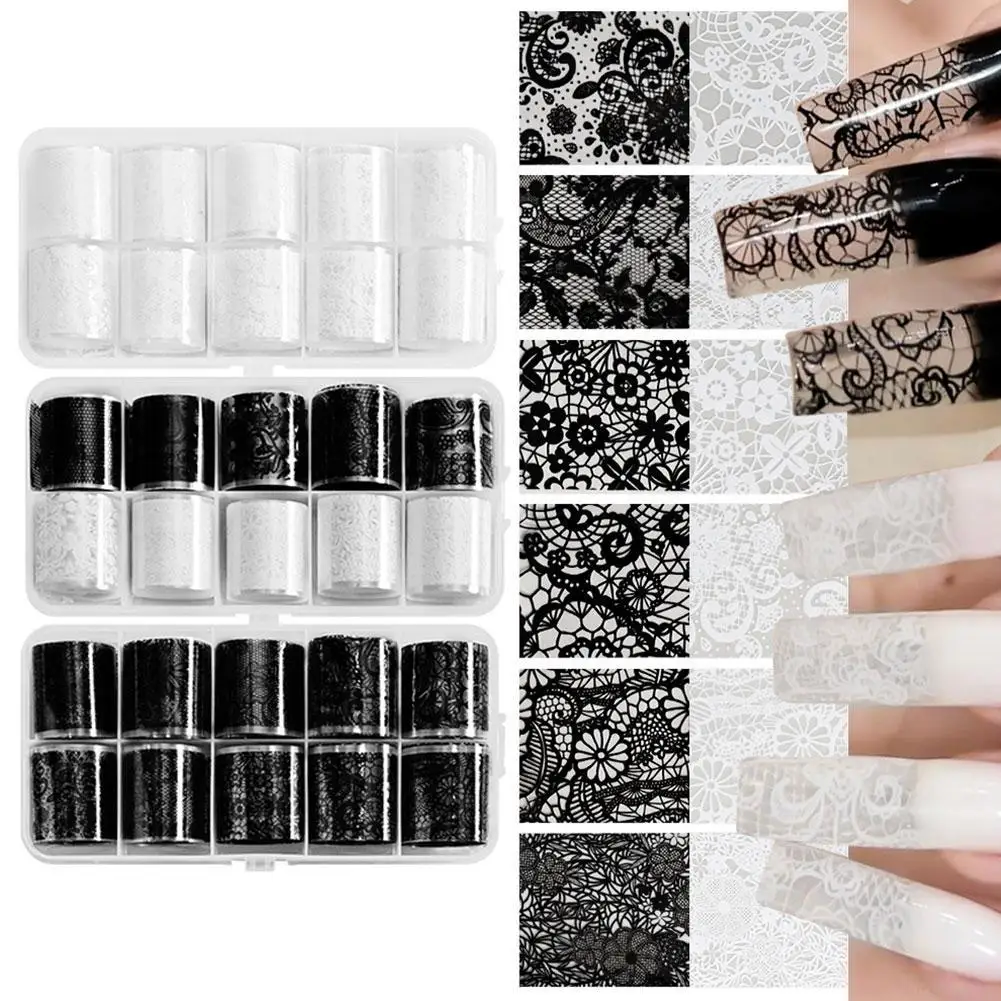 10 Rolls/Box Lace Nail Foil Sticker White Black Transfer Foil Flower Nail Art Decals Acrylic DIY Manicure Nail Accessorie
