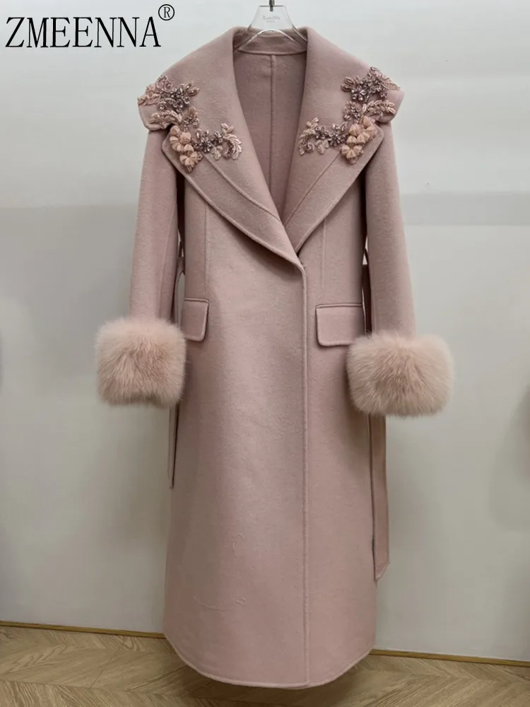 

ZMEENNA женское розовое шерстяное пальто с цветочным принтом и бисером, меховые манжеты с поясом, длинная элегантная зимняя верхняя одежда ZM4201