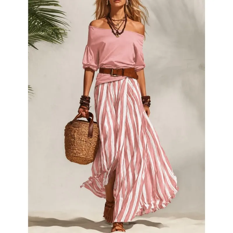 New Women Multiple Colors Off Shoulder Puff Sleeve Top Vertical Stripe Flowy Maxi Skirt 2 Piece Outfit Loose Casual Vacation Set