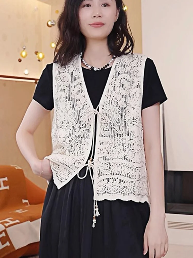 

Faionable Color Knitted Open Cardigan Svel Women's Top with Belt Hollow out Design Summer 2025 V-ne Midi Length