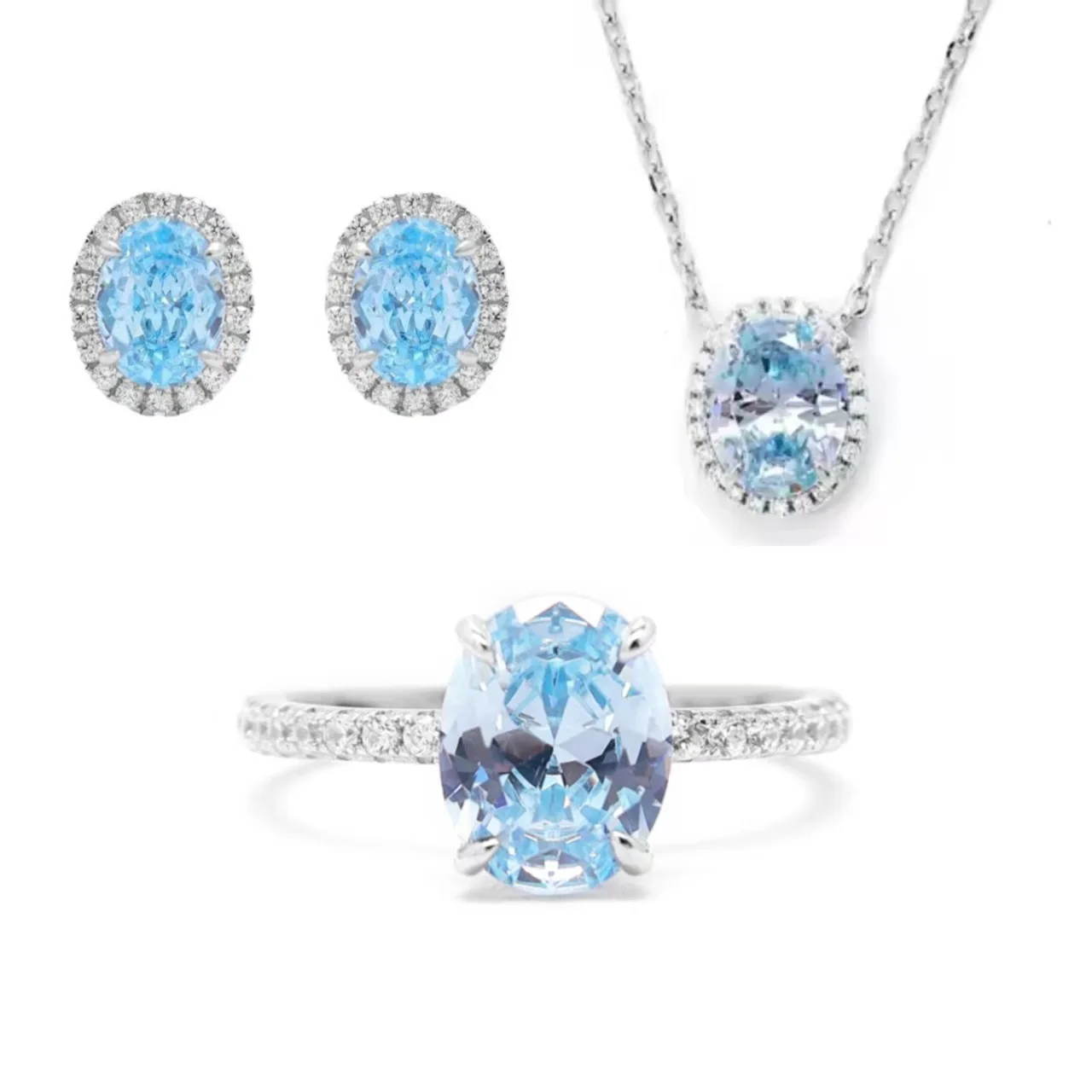 

S925 Серебро 18 К Позолоченный Небесно-Голубой Цирконий Комплект Ювелирных Изделий, Серьги Кольцо Ожерелье, Свежий Эстетический Люкс