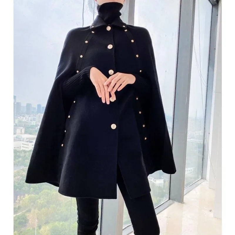 

Tinaa Hepburn, черные накидки на пуговицах, женские пальто 2025, зимняя роскошная свободная элегантная верхняя одежда на пуговицах с рукавами «летучая мышь» и лацканами, 194461