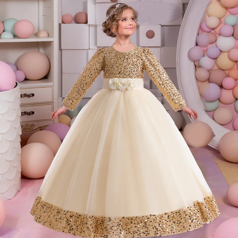 Teens Formal Evening Dresses For Girls Children Costume Long Sleeve Sequin Christmas Wedding Party Dress Kids Girl Princess Gown