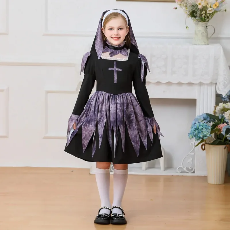 Halloween Cosplay Costume Sweet Cute Nun Girls Priest Cross Maria Dress Three-piece Set Carnival Theme Party Dress Up Outfits