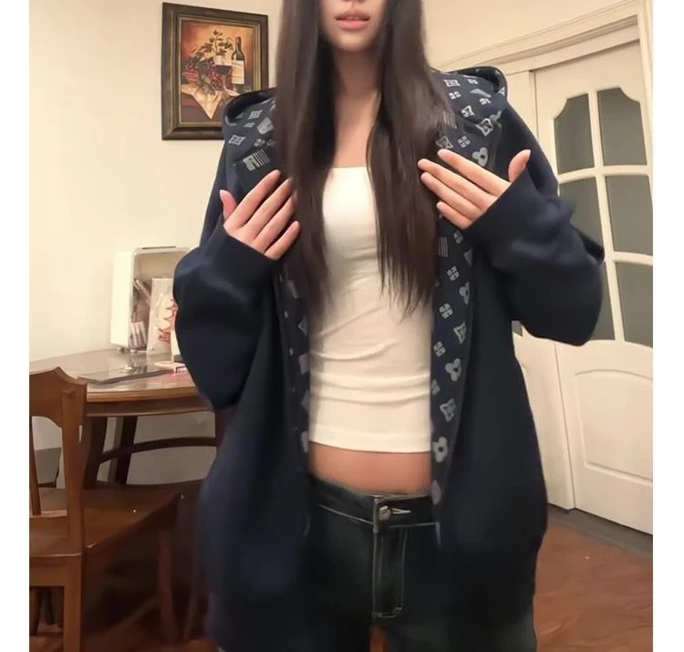 Lazy Wind Gray Hooded Sweater Jacket Women's Autumn and Winter Loose Sense of Leisure Short Section Zipper Loose Cardigan