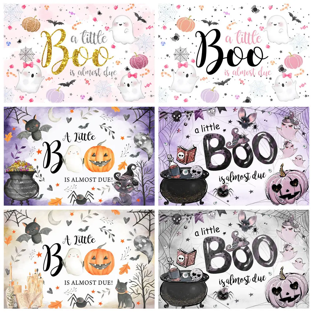 

Cartoon Halloween Photography Backdrop A Little Boo is Almost Due Baby Shower Kids Party Decor Portrait Background Photo Studio