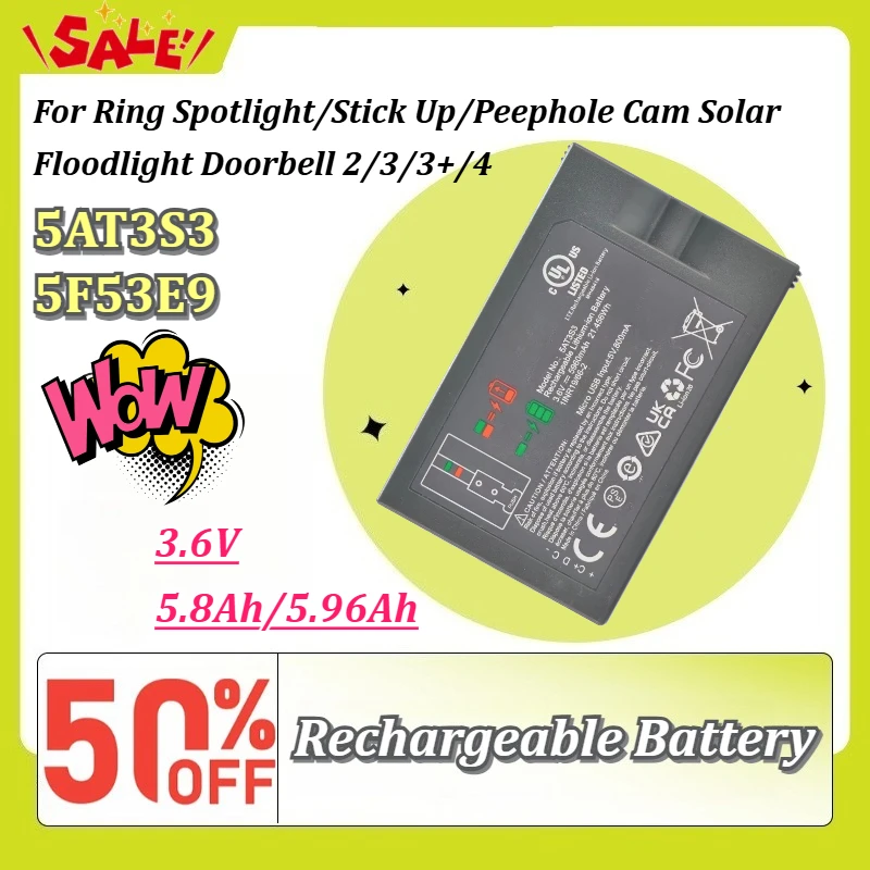 5AT3S3 5F53E9 3.6V 5.8Ah Micro USB Li-ion Battery For Ring Spotlight/Stick Up/Peephole Cam Solar Floodlight Doorbell 2/3/3+/4