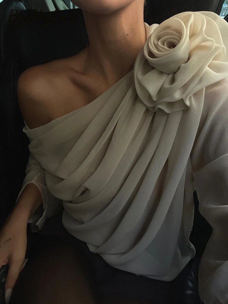 ByeMyLove Blusa Assimétrica Cropped para Mulheres, Top de Ombro Inclinação, Camisas de Damasco, Moda Elegante, Nova, Outono