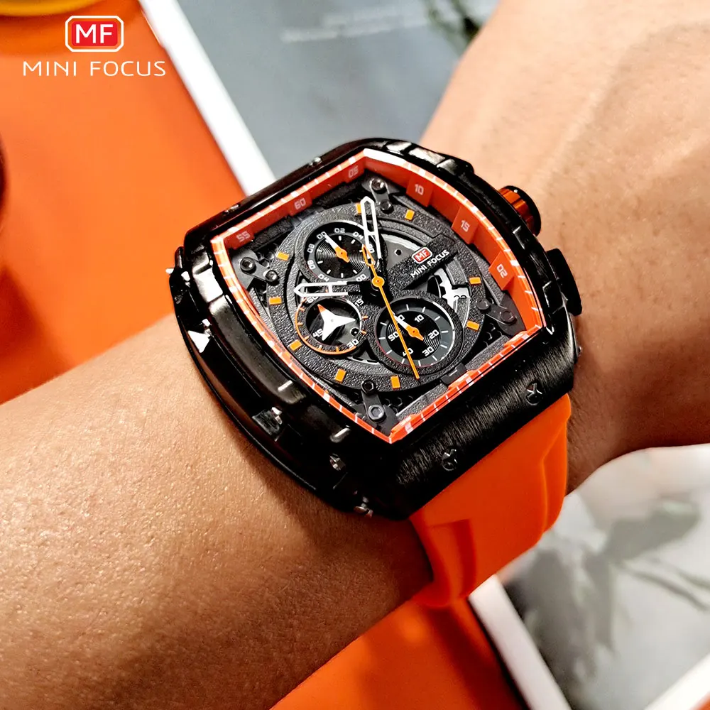Reloj de pulsera deportivo militar para hombre, cronógrafo de cuarzo, con correa de silicona naranja, con fecha automática, MINI FOCUS, Tonneau, 0399