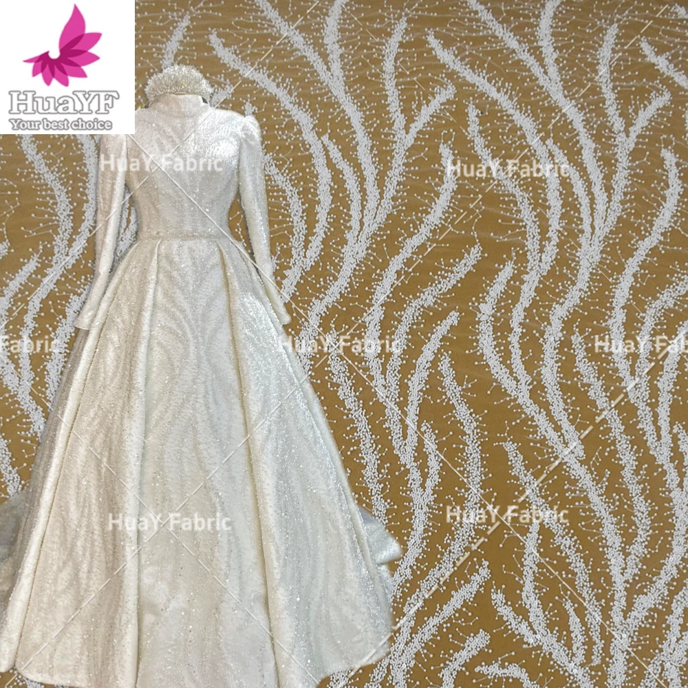 

1 Yard Popular White Beaded Sequins With Pearls Lace Embroidery Wedding Bridal Dress Fabric HY2306-1