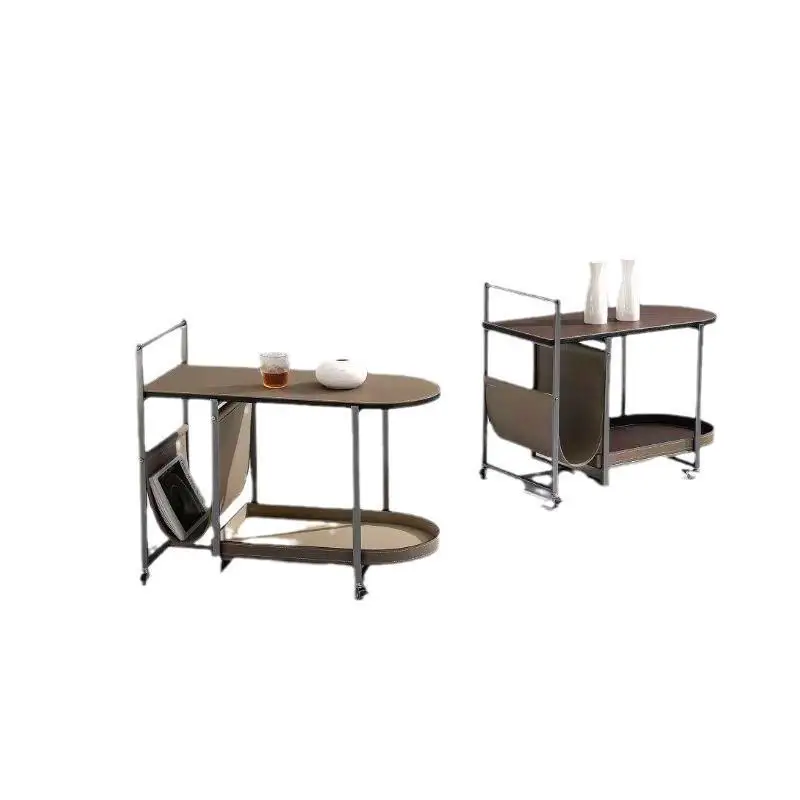 Light luxury saddle leather sofa side living room balcony movable shelf design cart small apartment coffee table