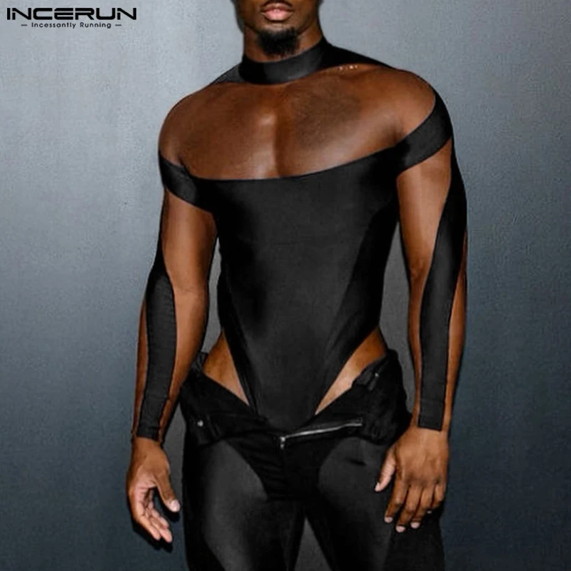 Incerun-Gola comprida manga transparente Bodysuit de malha masculina, macacão sexy, moda fitness, S-5XL, 2021