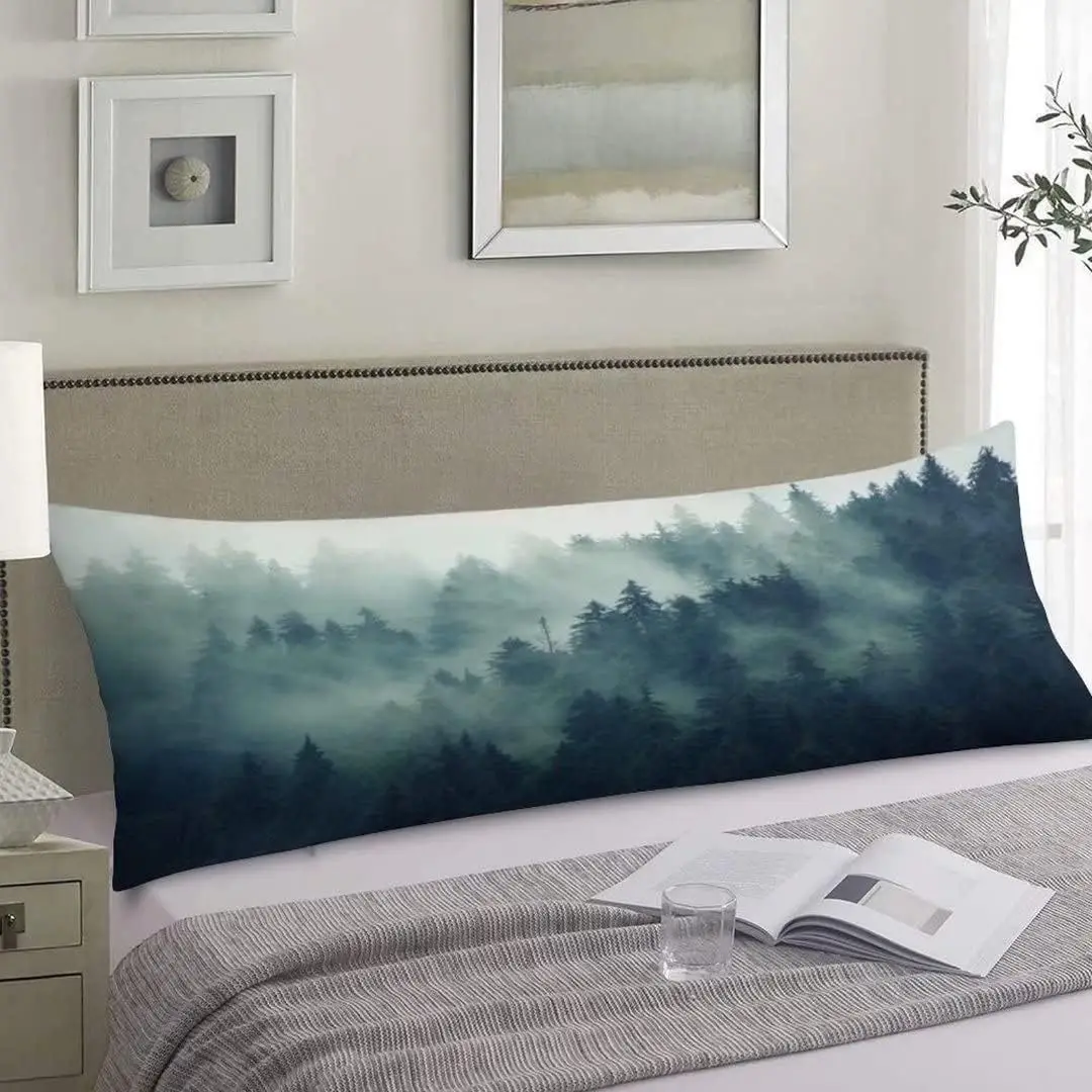 Foggy Forest Body Pillow Cover Green Fog Misty Fir Hipster Wood Cloud Tree Long Pillow Case Protector Soft Large Pillow Cases