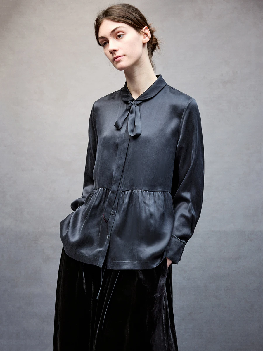 

Spring Summer New Sle ZBWY Pure Silk irt Soft Mist Wa Artistic Ele Gathered Hemline ey Original Design Loose Fit