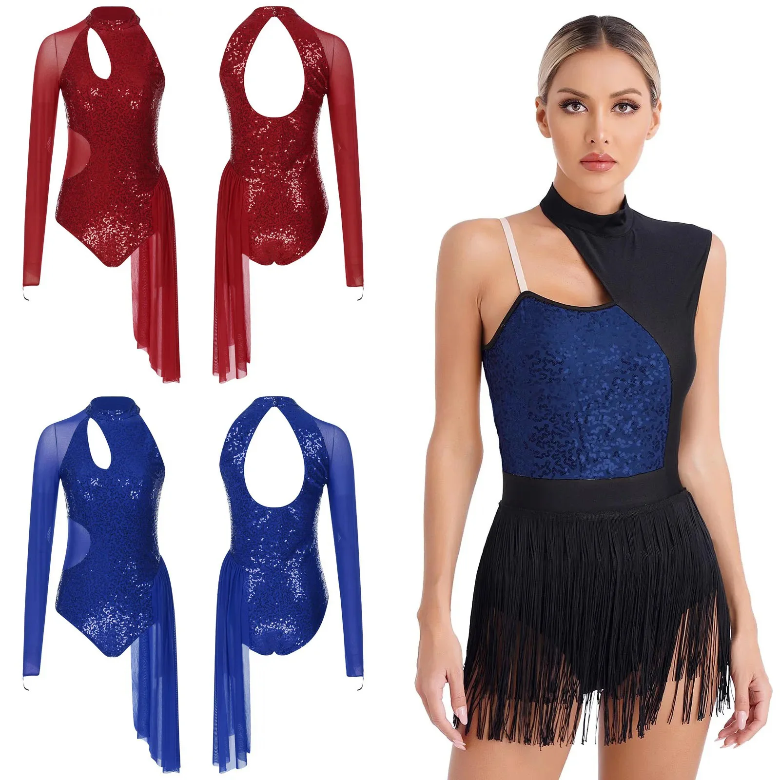

Womens Ballet Tutu Dress Sequins Gymnastics Leotard One Shoulder Figure Skating Jumpsuit Modern Jazz Latin Lyrical Dance Dress