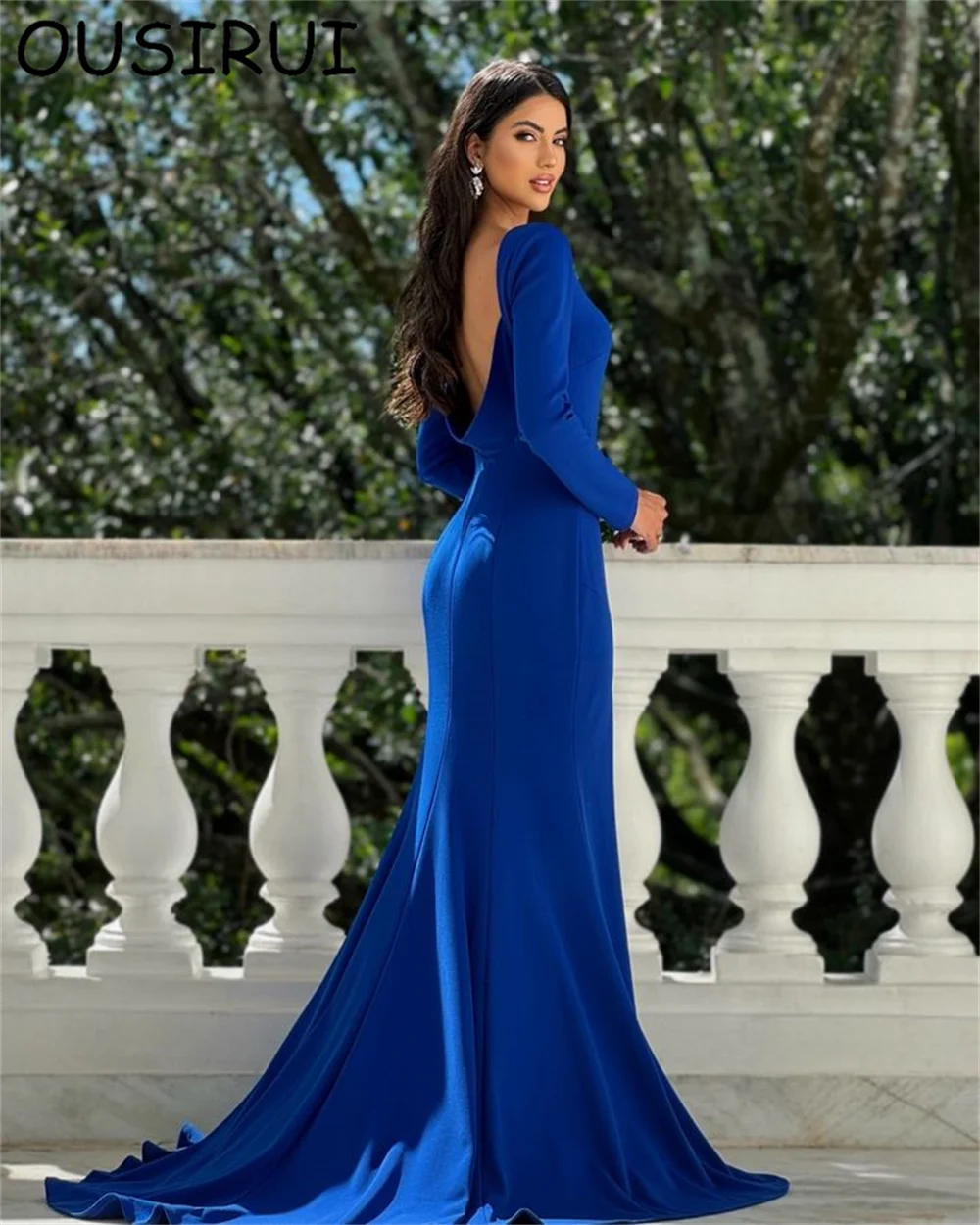 Oussirui o pescoço cetim sólido sereia lado alta fenda vestido de baile sem costas tribunal vestido de baile de noite com manga longa vestidos de festa