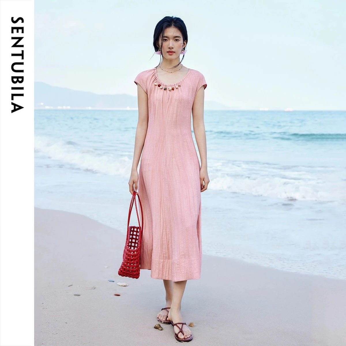 

SENTUBILA Women's Elegant Dress 2026 Summer Pink U Neck Pleated A Line Midi Dresses Beach Vacation Style Outfits 162LI4985
