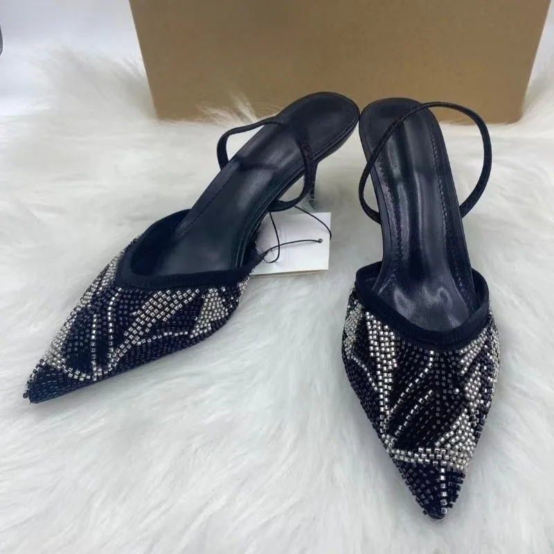 

Brand String Bead High Heels Wedding Bridal Shoes Elegant Pointed Toe Designer Banquet Stilettos Breathable Mesh Women Pumps