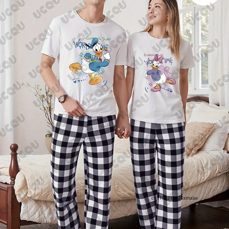 

Men's Tracksuit Donald Duck and Daisy Print Autumn T-shirt+Plaid Pajamas Pants Sets Casual Suit Fashion Couple 2 Piece Outfits