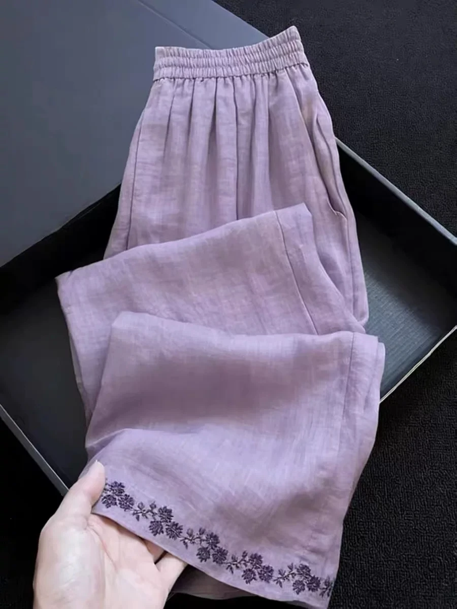 

Summer 2026 Women's Loose Fit Straight Leg Pants Purple Embroidered Casual Trousers Versatile High Waist Elastic Waistband