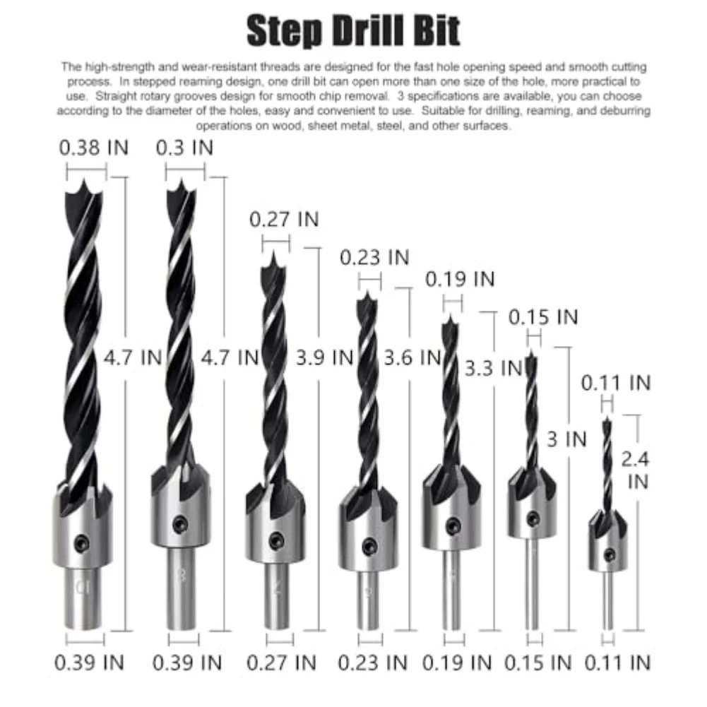 

Профессиональный набор сверл с точным центрирующим штифтом, ступенчатыми сверлами и фаскоснимателями для работы по дереву, металлу и коже