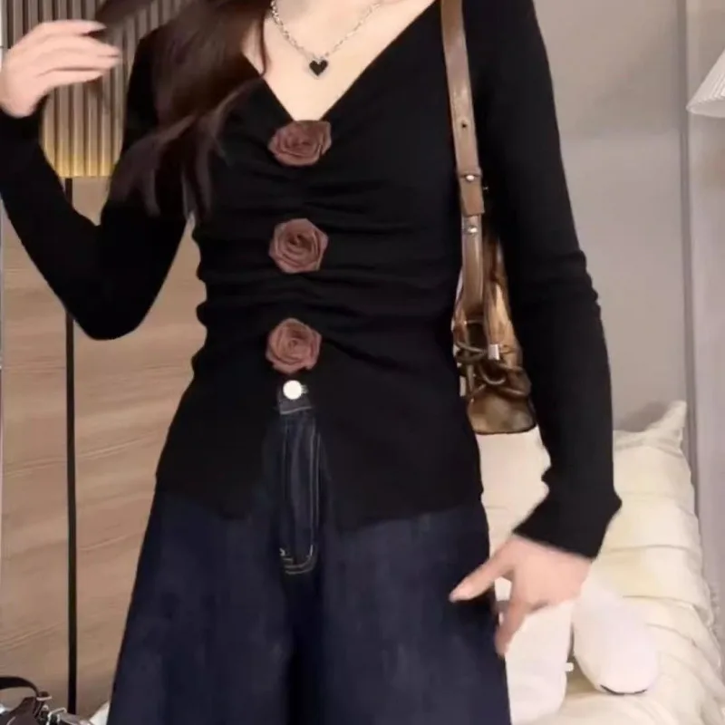 Camisa tridimensional de manga comprida com gola de flor para mulheres na primavera e no outono nova cintura plissada com fenda apertada