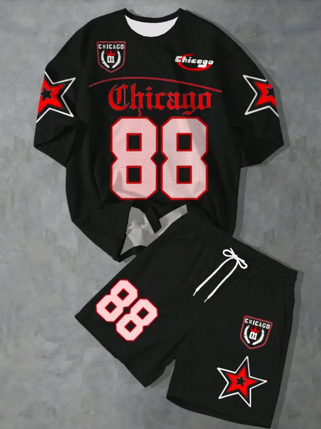 

Men's Chicago 3D Print Crew Neck Short Sleeve T-Shirt & Shorts Set Round Neck Gradient Short Sleeved Women's T-shirt Shorts Set