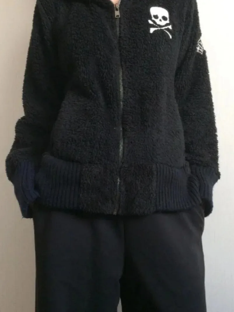 Lamb Wool Jackets Women Gothic Y2k Hoodies Cross Skull Grunge Zipper Sweatshirts Vintage Casual Hooded Coats Harajuku Streetwear