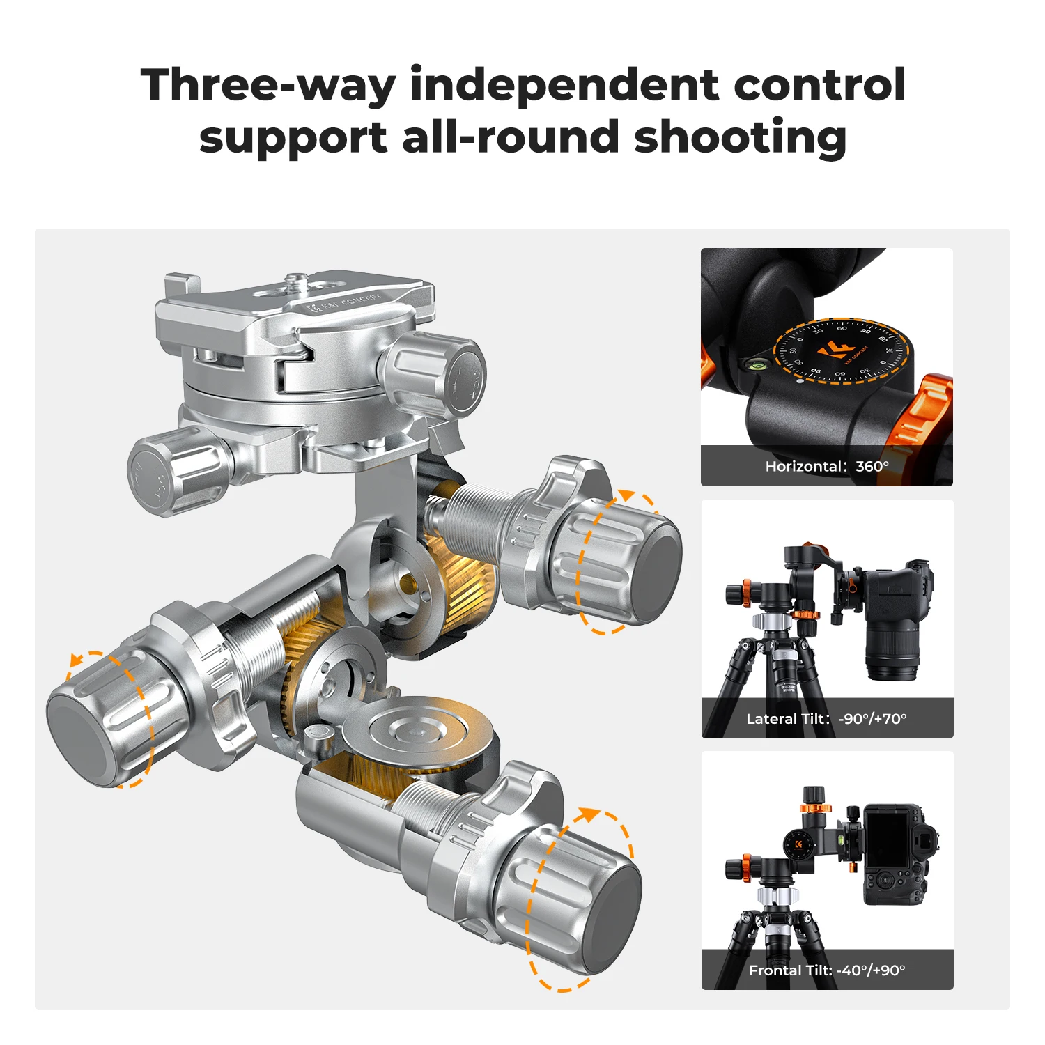 K&F CONCEPT Geared Tripod Head 360°Panoramic 3-Way Ballhead with Quick Release Plate 6KG Load-bearing for Macro Star Photo Head