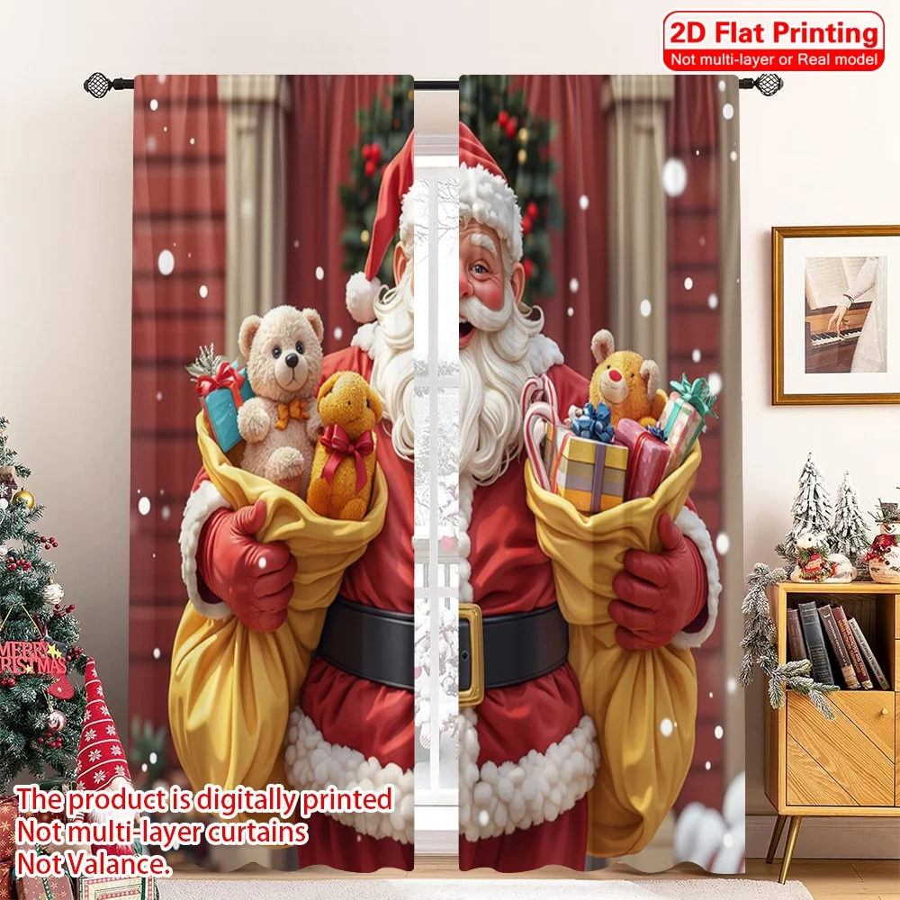 

2pcs 2D flat printing Merry Christmas Popular Window Drapes Santa Claus Gifts Teddy Bears 100% Polyester Fabric Without