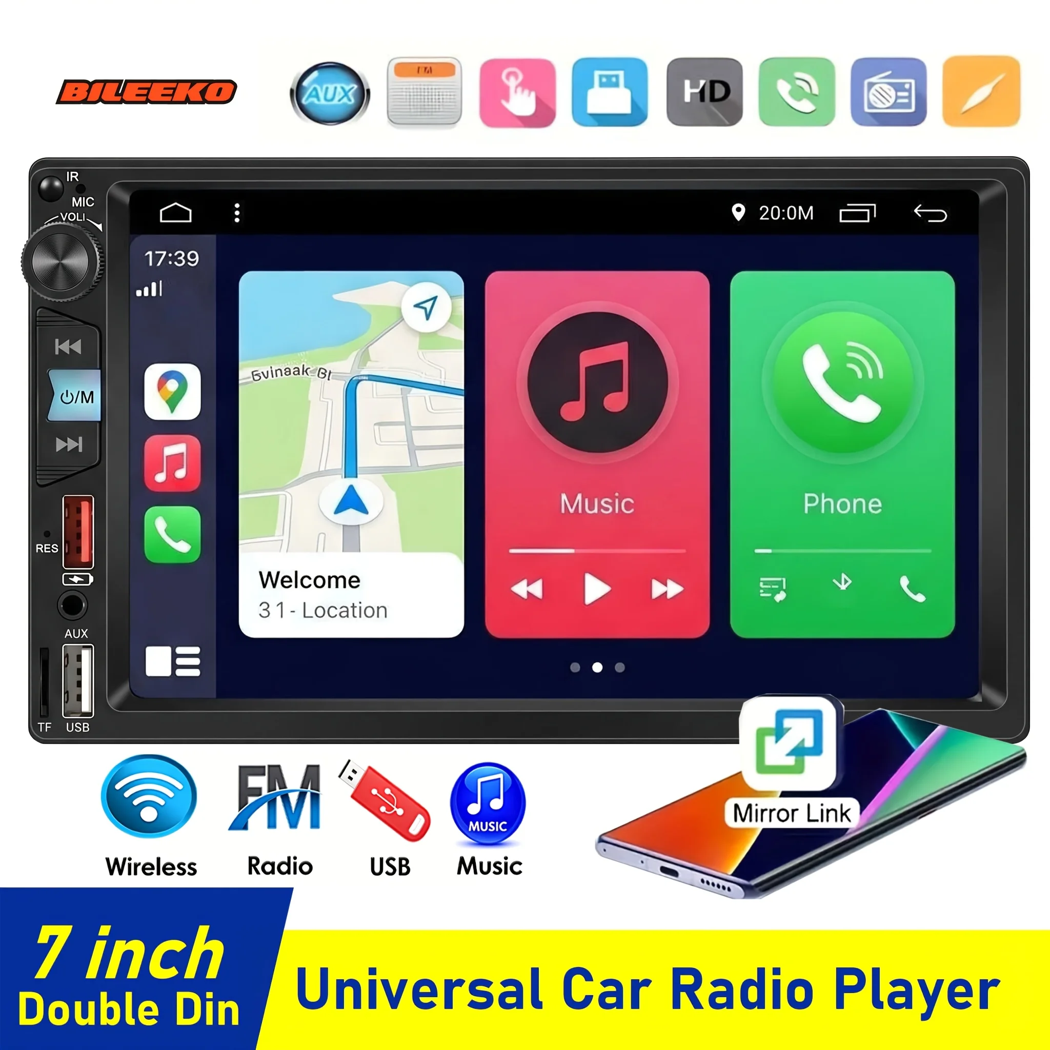 2 DIN Car Stereo Receiver 7 Inch Touchscreen MP5 Player Wireless Handsfree USB TF Card Support FM Radio AUX in Dashboard Multime