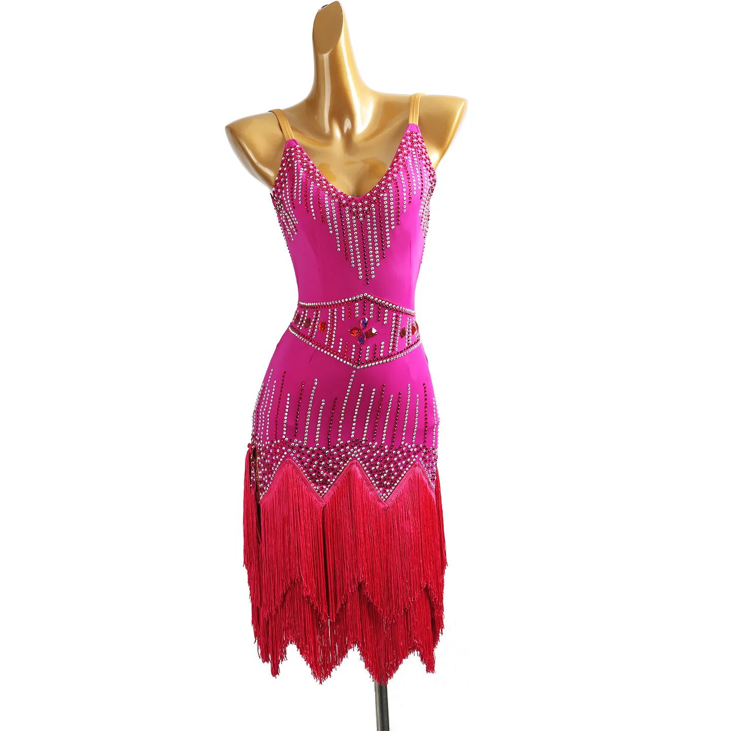 Latin dance adult children AB stone high-end custom tango professional V-neck rose red full diamond multi-layer tassel dress