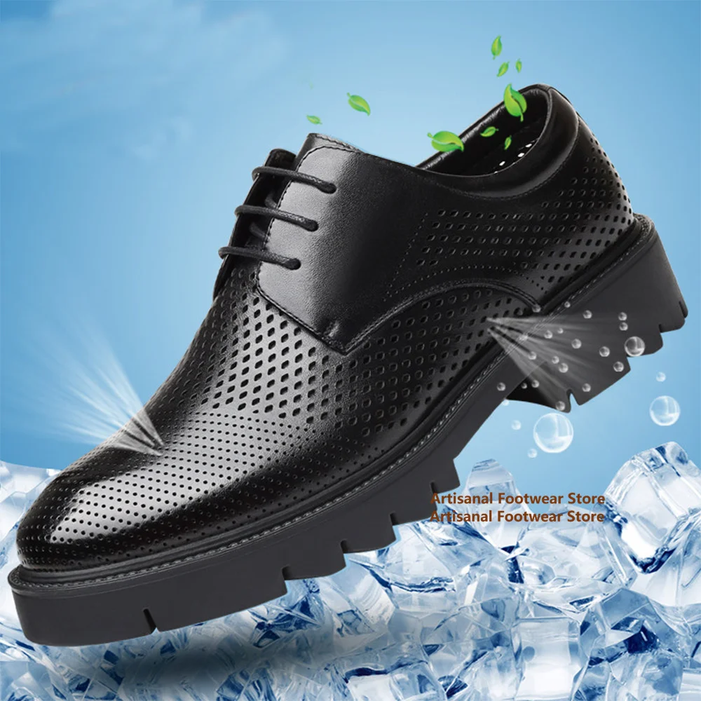Men's Internal Height-Increasing Hollow-Out Shoes Summer Thick-Soled Breathable Business Dress Shoes Black Leather Shoes for Men