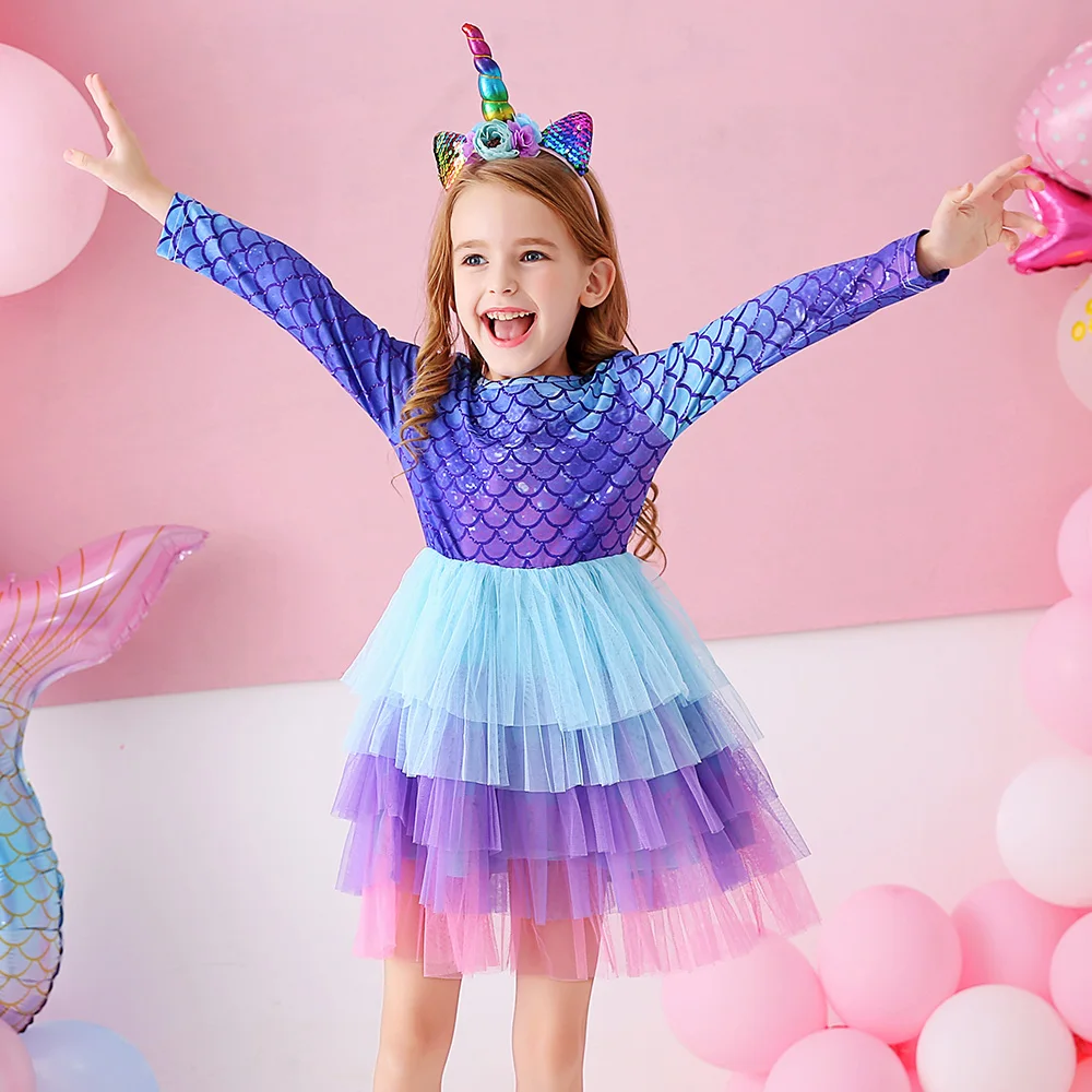 VIKITA Girls Mermaid Print Princess Dress Girl Cake Layered Performance Tutu Dresses Kids Long Sleeve Autumn Winter Party Dress