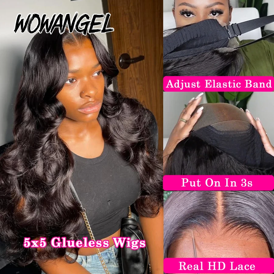 WOWANGEL 34in 5x5 HD Parrucche con chiusura in pizzo 250% Onda del corpo Glueless Parrucche Capelli umani Pronti da indossare Pelli Fuste Capelli brasiliani Remy